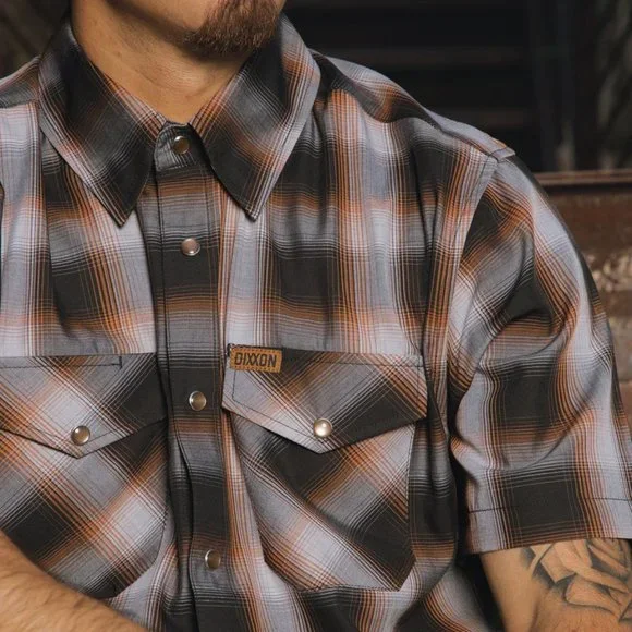 NWT Dixxon Flannel Bamboo Patina Black Brown Plaid Short Sleeve Pearl Snap Shirt - Picture 3 of 9